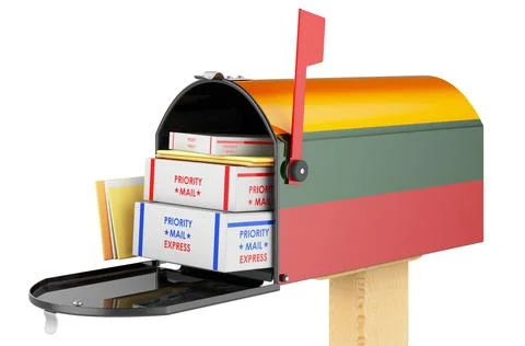 Mailbox with Lithuanian flag with parcels, envelopes inside. Shipping in Lith 库存插图