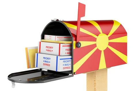 Mailbox with Macedonian flag with parcels, envelopes inside. Shipping in Mace Illustrazione stock
