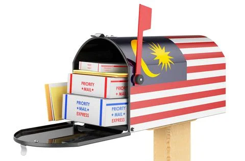 Mailbox with Malaysian flag with parcels, envelopes inside. Shipping in Malay Stock Illustration