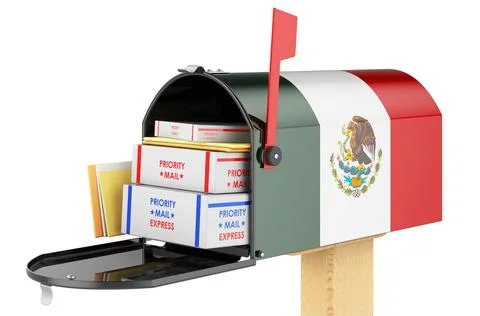 Mailbox with Mexican flag with parcels, envelopes inside. Shipping in Mexico, イラスト素材