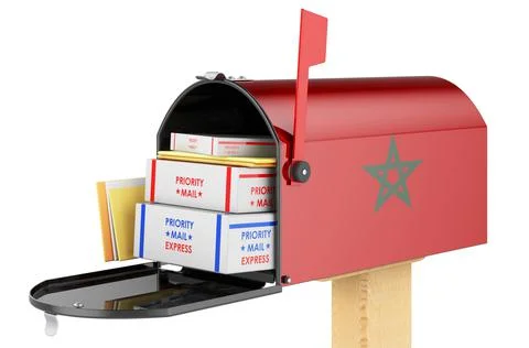 Mailbox with Moroccan flag with parcels, envelopes inside. Shipping in Morocc Illustrazione stock