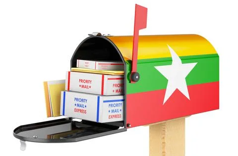 Mailbox with Myanmar flag with parcels, envelopes inside. Shipping in Myanmar Illustrazione stock