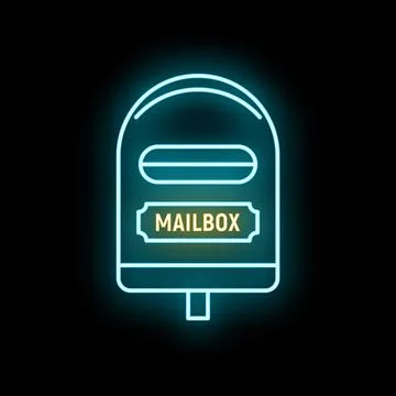 Mailbox neon light sign glowing blue on black background Stock Illustration