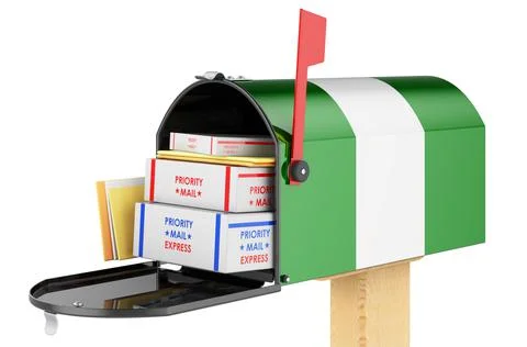 Mailbox with Nigerian flag with parcels, envelopes inside. Shipping in Nigeri 库存插图