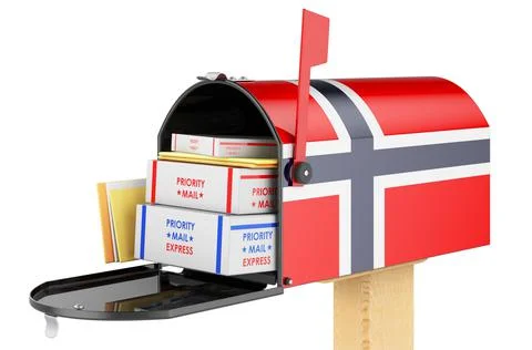 Mailbox with Norwegian flag with parcels, envelopes inside. Shipping in Norwa Illustrazione stock