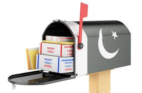 Mailbox with Pakistani flag with parcels, envelopes inside. Shipping in Pakis Illustrazione stock