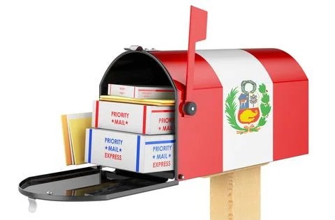 Mailbox with Peruvian flag with parcels, envelopes inside. Shipping in Peru,  Illustrazione stock