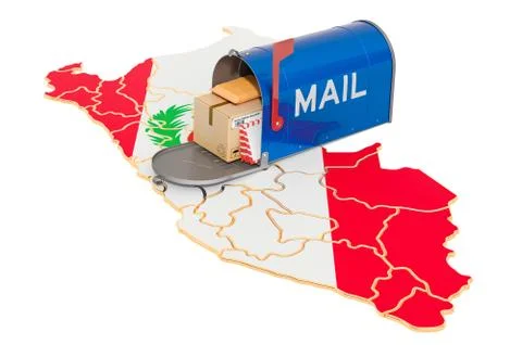 Mailbox on the Peruvian map. Shipping in Peru, concept. 3D rendering Illustrazione stock