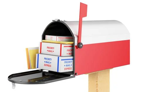 Mailbox with Polish flag with parcels, envelopes inside. Shipping in Poland,  库存插图