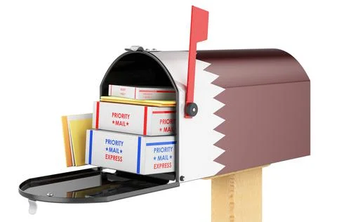 Mailbox with Qatari flag with parcels, envelopes inside. Shipping in Qatar, c Illustrazione stock