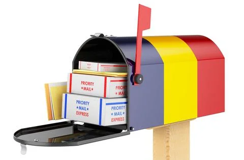 Mailbox with Romanian flag with parcels, envelopes inside. Shipping in Romani Illustrazione stock