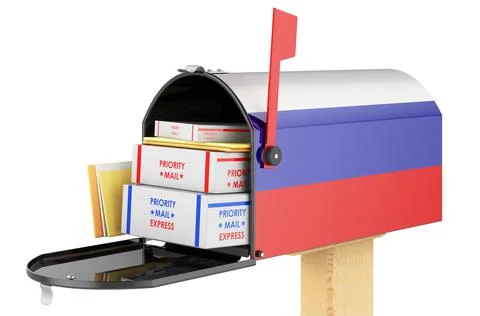 Mailbox with Russian flag with parcels, envelopes inside. Shipping in Russian Illustrazione stock