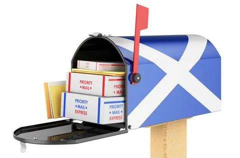 Mailbox with Scottish flag with parcels, envelopes inside. Shipping in Scotla Illustrazione stock