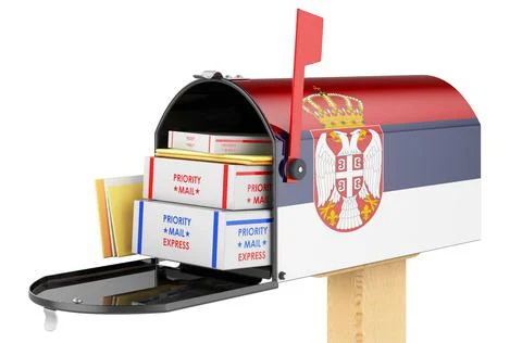 Mailbox with Serbian flag with parcels, envelopes inside. Shipping in Serbia, Illustrazione stock
