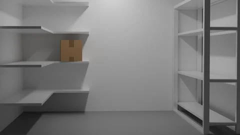 Mailbox on shelf logistics center in empty warehouse, 3D model, cardboard box Stock Photos