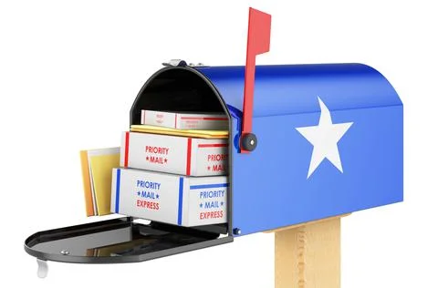 Mailbox with Somali flag with parcels, envelopes inside. Shipping in Somalia, Illustrazione stock