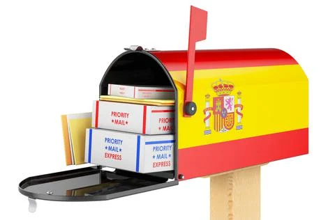 Mailbox with Spanish flag with parcels, envelopes inside. Shipping in Spain,  Illustrazione stock