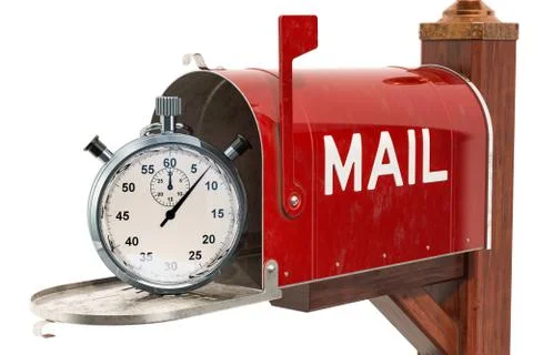 Mailbox with stopwatch. Fast delivery concept, 3D rendering Illustrazione stock