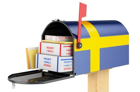Mailbox with Swedish flag with parcels, envelopes inside. Shipping in Sweden, Stock Illustration