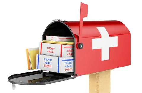 Mailbox with Swiss flag with parcels, envelopes inside. Shipping in Switzerla Stock Illustration