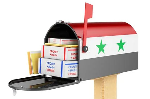 Mailbox with Syrian flag with parcels, envelopes inside. Shipping in Syria, c Illustrazione stock