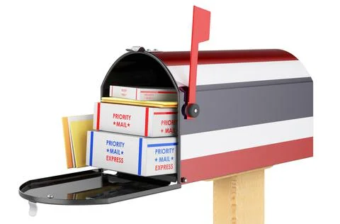 Mailbox with Thai flag with parcels, envelopes inside. Shipping in Thailand,  Illustrazione stock