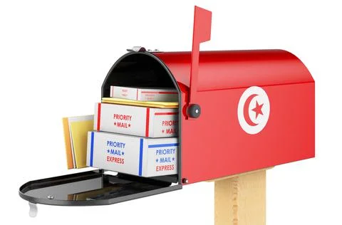 Mailbox with Tunisian flag with parcels, envelopes inside. Shipping in Tunisi 스톡 일러스트