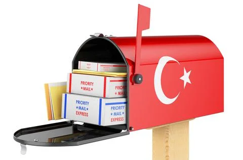 Mailbox with Turkish flag with parcels, envelopes inside. Shipping in Turkey, Illustrazione stock
