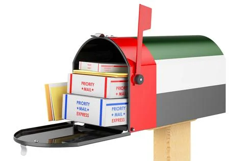 Mailbox with UAE flag with parcels, envelopes inside. Shipping in the United  Illustrazione stock