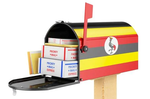 Mailbox with Ugandan flag with parcels, envelopes inside. Shipping in Ugandan Illustrazione stock