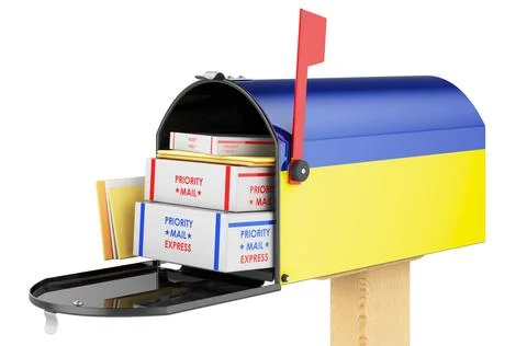 Mailbox with Ukrainian flag with parcels, envelopes inside. Shipping in Ukrai Illustrazione stock