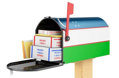 Mailbox with Uzbek flag with parcels, envelopes inside. Shipping in Uzbekista Stock Illustration