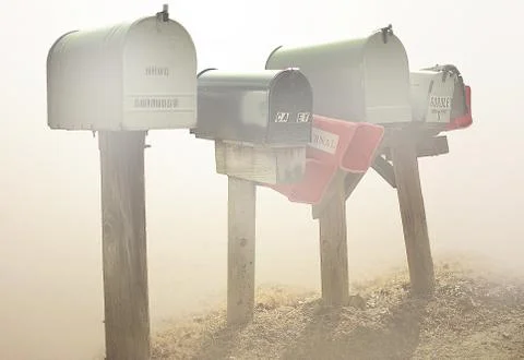 Mailboxes in fog 스톡 사진