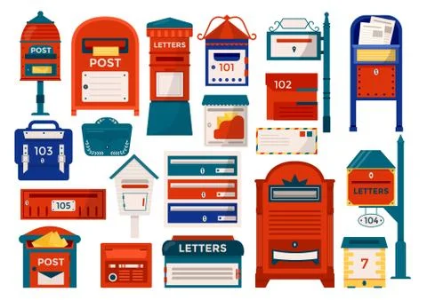 Mailboxes, letter boxes, pedestals for sending and receiving letters Stock Illustration