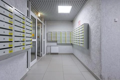 Mailboxes in the lobby of an apartment building Stock Photos