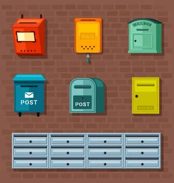 Mailboxes set. Red container for paper correspondence green boxes for receiving Stock Illustration