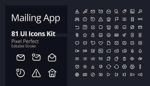 Mailing app pixel perfect white linear ui icons kit for dark theme 스톡 일러스트