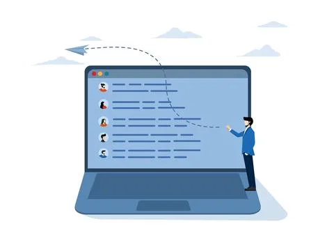 Mailing list to send email campaign, email subscription management software. Illustrazione stock