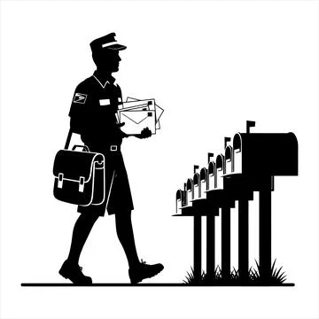 Mailman delivering letters to mailboxes postal worker Stock Illustration