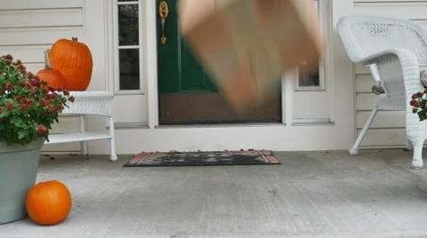 Mailman Delivering Package Boxes at Door During Autumn, 4K 스톡 동영상 56849125