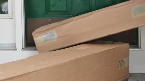 Mailman Delivering Package Boxes Falling at Door, 4K Stock Footage 59854908