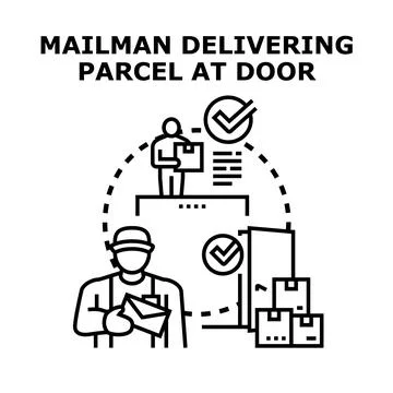 Mailman delivering parcel and letter at door Stock Illustration