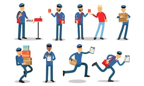 Mailman In Different Daily Postoffice Actions. Delivery Letters, Heavy Parcels Stock Illustration