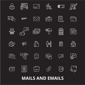 Mails emails  editable line icons vector set on black background. Mails email Stock Illustration