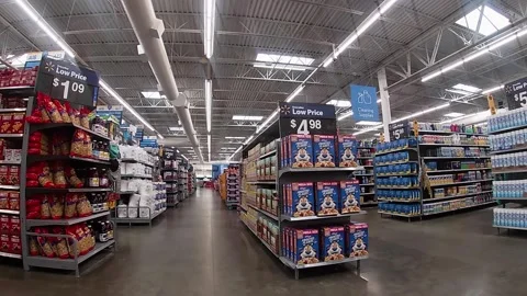 Main aisle displays Walmart retail store... | Stock Video | Pond5