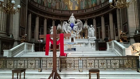 The main altar and sculptures inside the historic Madeleine Church Stock Footage 342169563