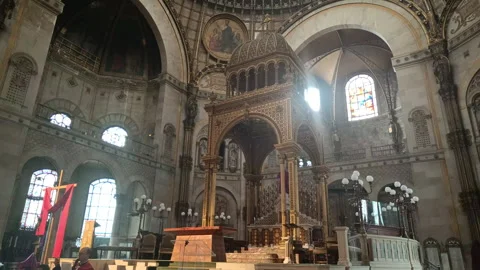The main altar and sculptures inside the historic Madeleine Church Stock Footage 342186032
