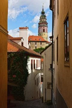 Main castle tower view from backlane, UNESCO site of Cesky Krumlov, Czech Rep Stock Photos