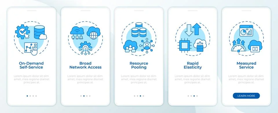 Main cloud computing characteristics monochrome onboarding mobile app screen Stock Illustration