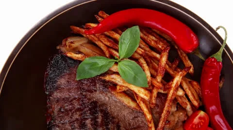 Main course : grill beef steak with potato chips Stock Footage 25176651